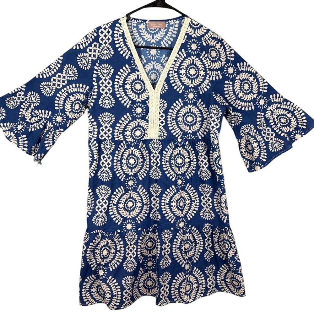 Saiph Lab Italy Mini Dress Tiered Bell Sleeve Santorini Resort Vacation Size L